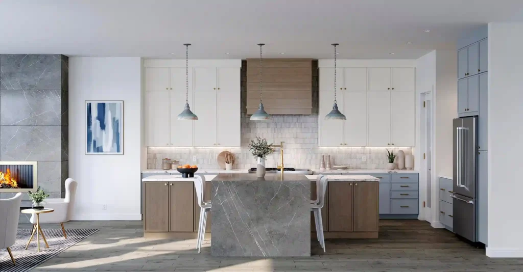 580F Painted Vanilla & Painted Mist & Maple Almond Kitchen
