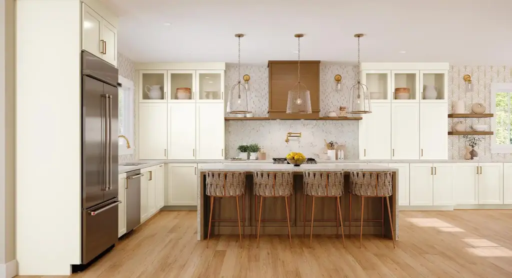 410F Painted Vanilla n Cherry Amber Kitchen,reddish-brown,cherry wood cabinetry