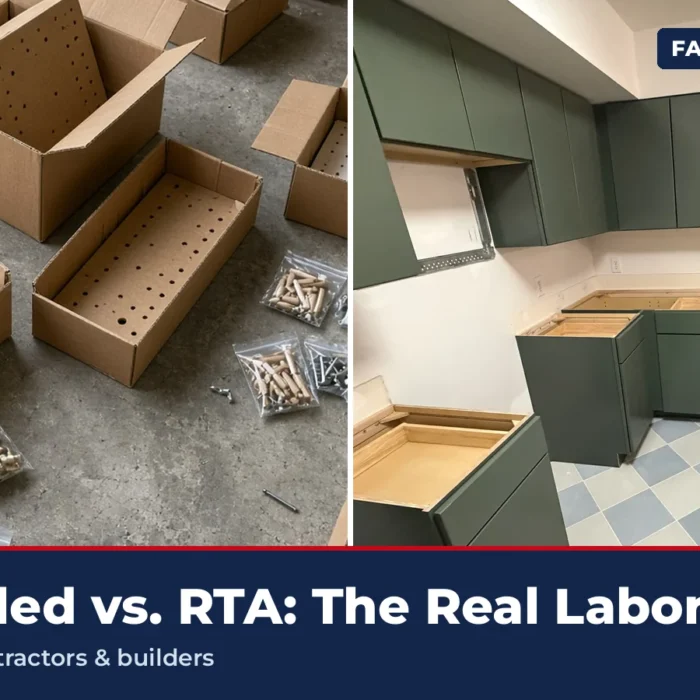 Assembled vs RTA cabinets: flat-pack boxes next to factory-assembled cabinets in a kitchen.